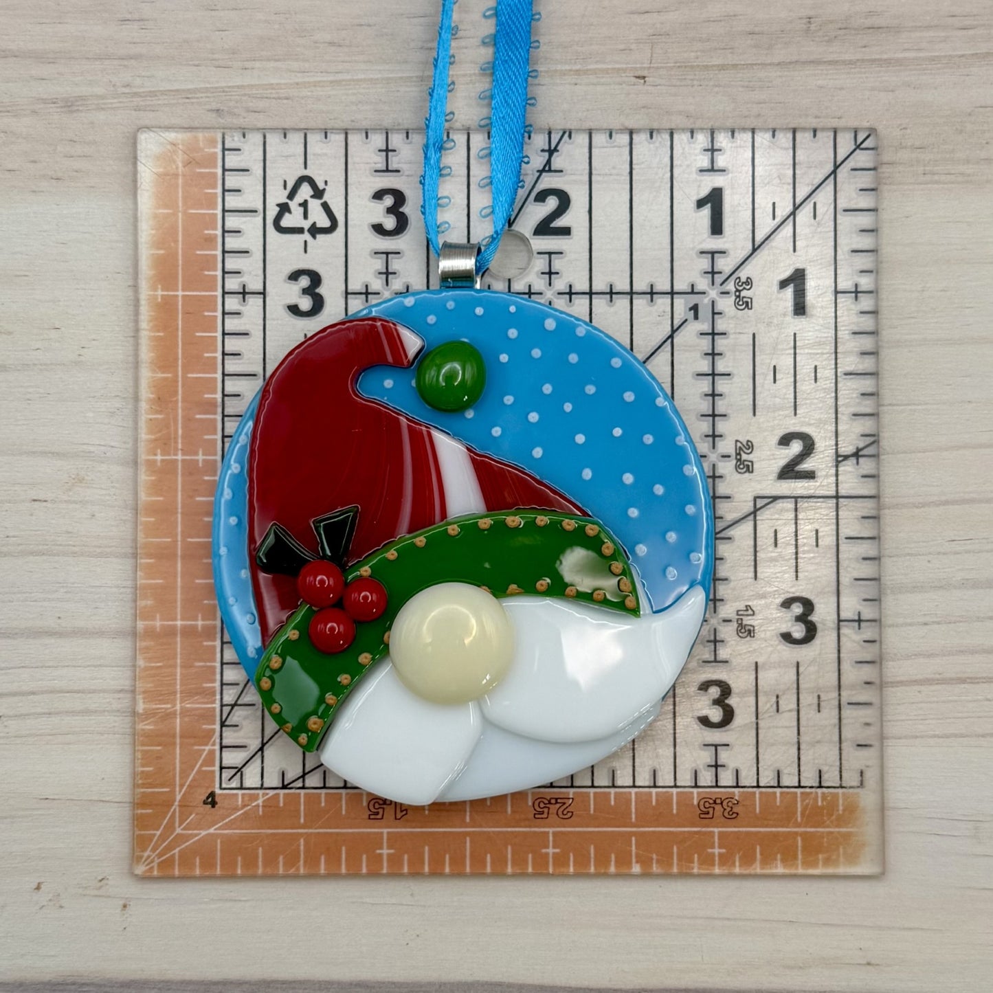 Fused Glass Christmas Gnome Ornament – Handmade Gnome Ornament – Round Holiday Tree Decoration