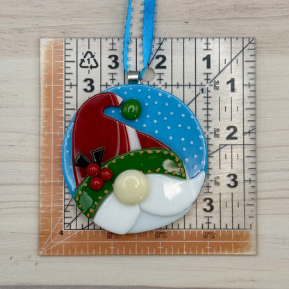 Fused Glass Christmas Gnome Ornament – Handmade Gnome Ornament – Round Holiday Tree Decoration