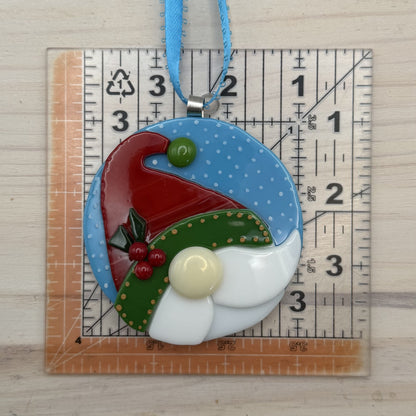 Fused Glass Christmas Gnome Ornament – Handmade Gnome Ornament – Round Holiday Tree Decoration