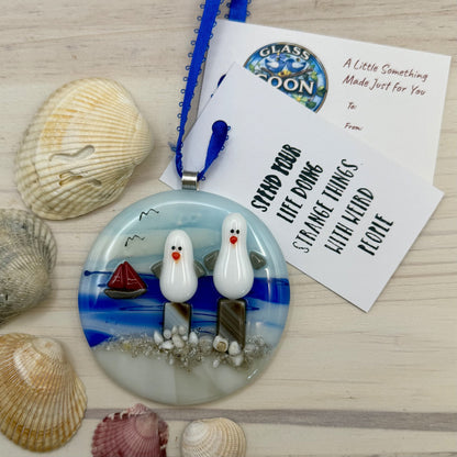 Fused Glass Beach Ornament with Seagulls & Sailboat – Coastal Nautical Christmas Decor
