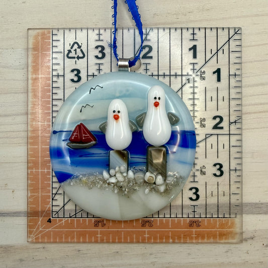 Fused Glass Beach Ornament with Seagulls & Sailboat – Coastal Nautical Christmas Decor