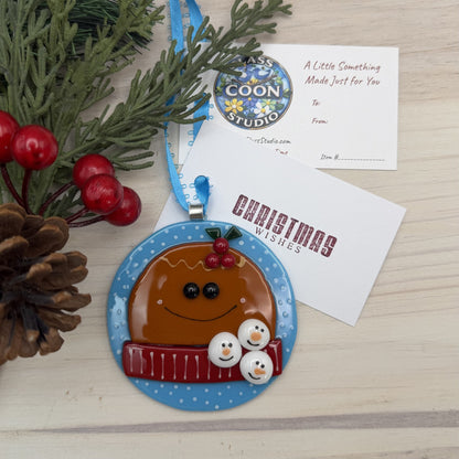 Fused Glass Gingerbread Man Ornament with Snowballs – Christmas Wishes Holiday Decoration