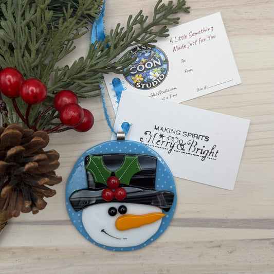 Fused Glass Snowman Ornament – Handmade Snowman Christmas Ornament – Blue Snowflake Holiday Tree Decoration