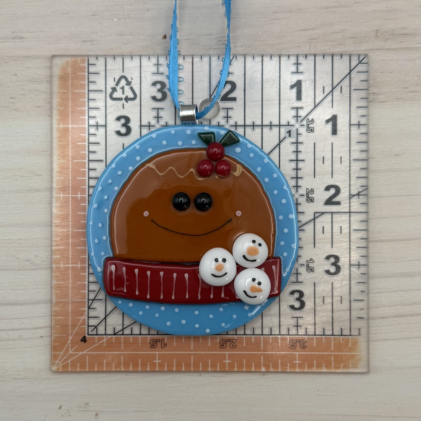 Fused Glass Gingerbread Man Ornament with Snowballs – Christmas Wishes Holiday Decoration