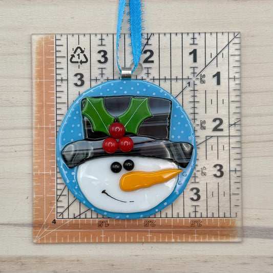 Fused Glass Snowman Ornament – Handmade Snowman Christmas Ornament – Blue Snowflake Holiday Tree Decoration