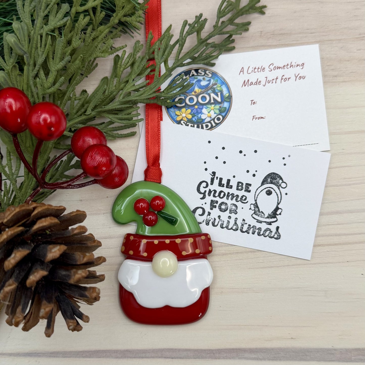 Fused Glass Christmas Gnome Ornament – Holly Hat Holiday Gnome