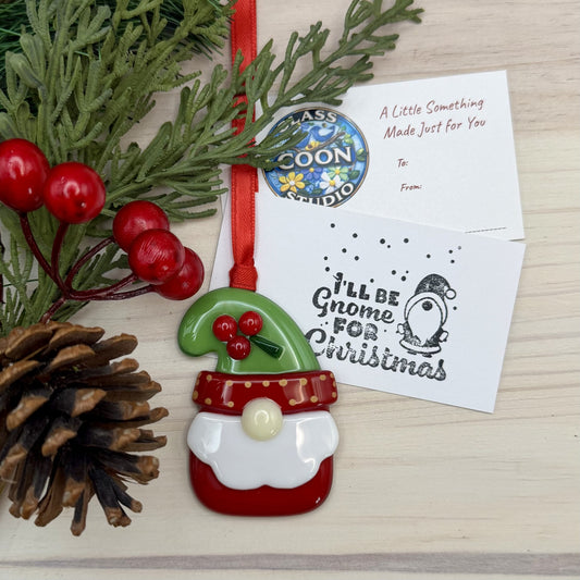 Fused Glass Christmas Gnome Ornament – Holly Hat Holiday Gnome