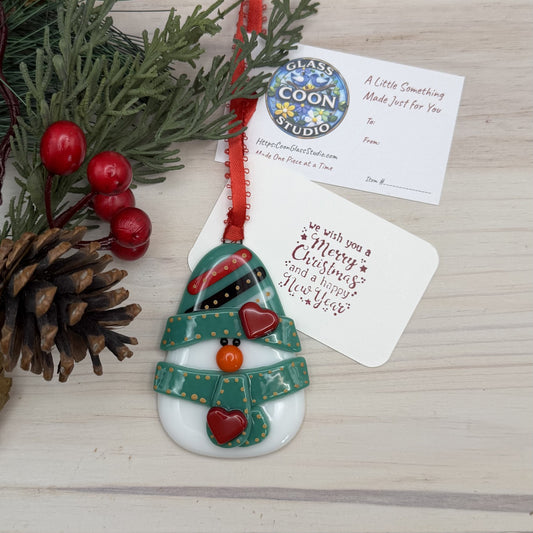 Fused Glass Snowman Ornament with Jade Hat and Scarf