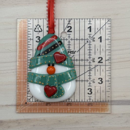 Fused Glass Snowman Ornament with Jade Hat and Scarf