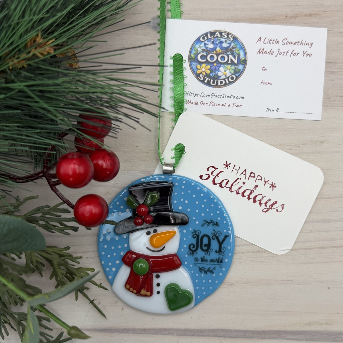 Fused Glass Snowman “Joy to the World” Christmas Ornament
