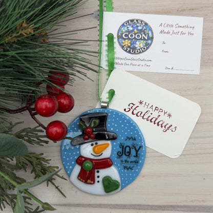 Fused Glass Snowman “Joy to the World” Christmas Ornament