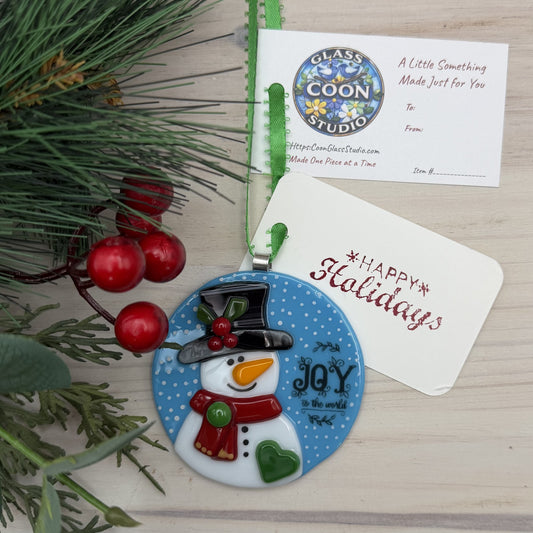 Fused Glass Snowman “Joy to the World” Christmas Ornament