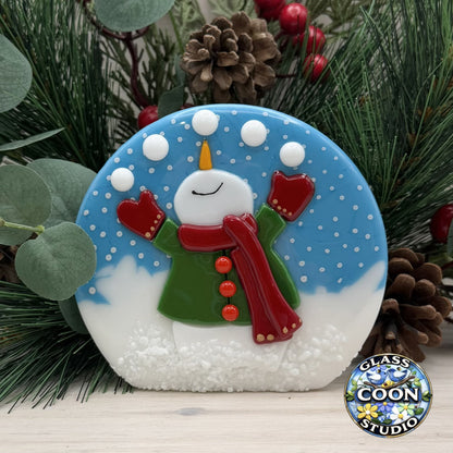 Fused Glass Juggling Snowman Paperweight – Freestanding Winter Décor