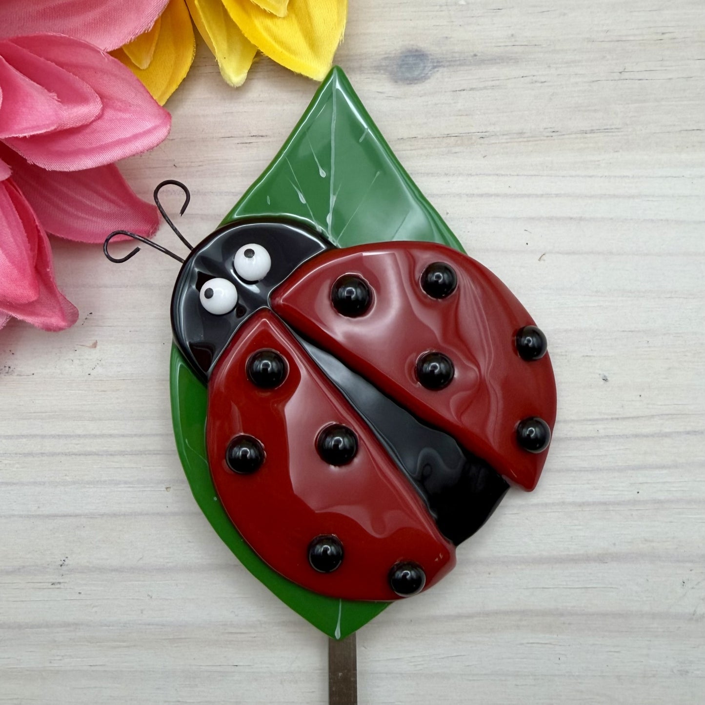 Fused Glass Ladybug Plant Stake on Leaf – Garden Décor – Handmade Glass Garden Stake