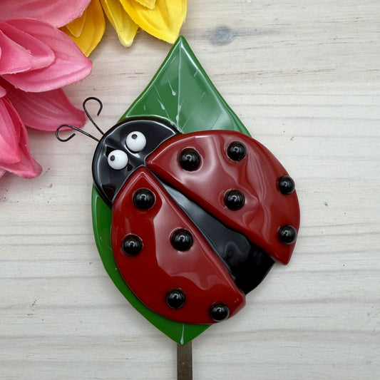Fused Glass Ladybug Plant Stake on Leaf – Garden Décor – Handmade Glass Garden Stake