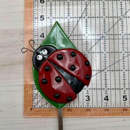 Fused Glass Ladybug Plant Stake on Leaf – Garden Décor – Handmade Glass Garden Stake