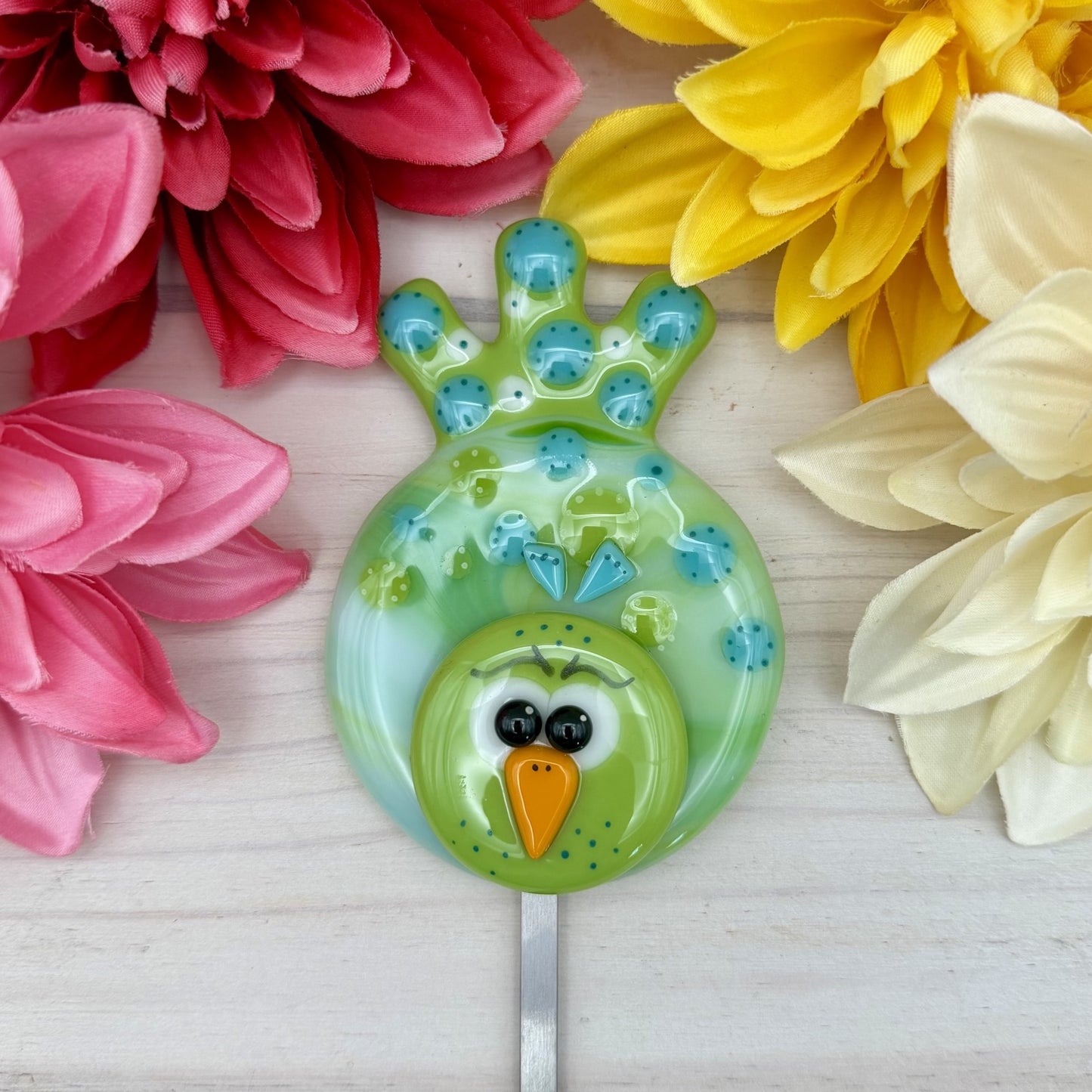 Whimsical Lime & Blue Fused Glass Bird Plant Stake – Garden Décor – Indoor / Outdoor Art
