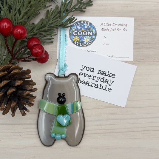 Handcrafted Fused Glass Brown Bear Ornament with Blue Heart Scarf – "You Make Everyday Bearable"
