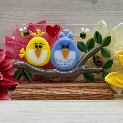 “The Birds and the Bees” Fused Glass Panel with Oak Wood Display Stand