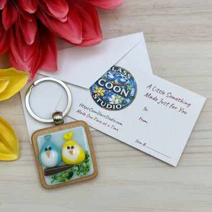 Fused Glass Love Birds Keychain – Handmade Bird Couple Keychain on Beechwood – Cute Gift for Couples