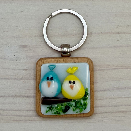 Fused Glass Love Birds Keychain – Handmade Bird Couple Keychain on Beechwood – Cute Gift for Couples