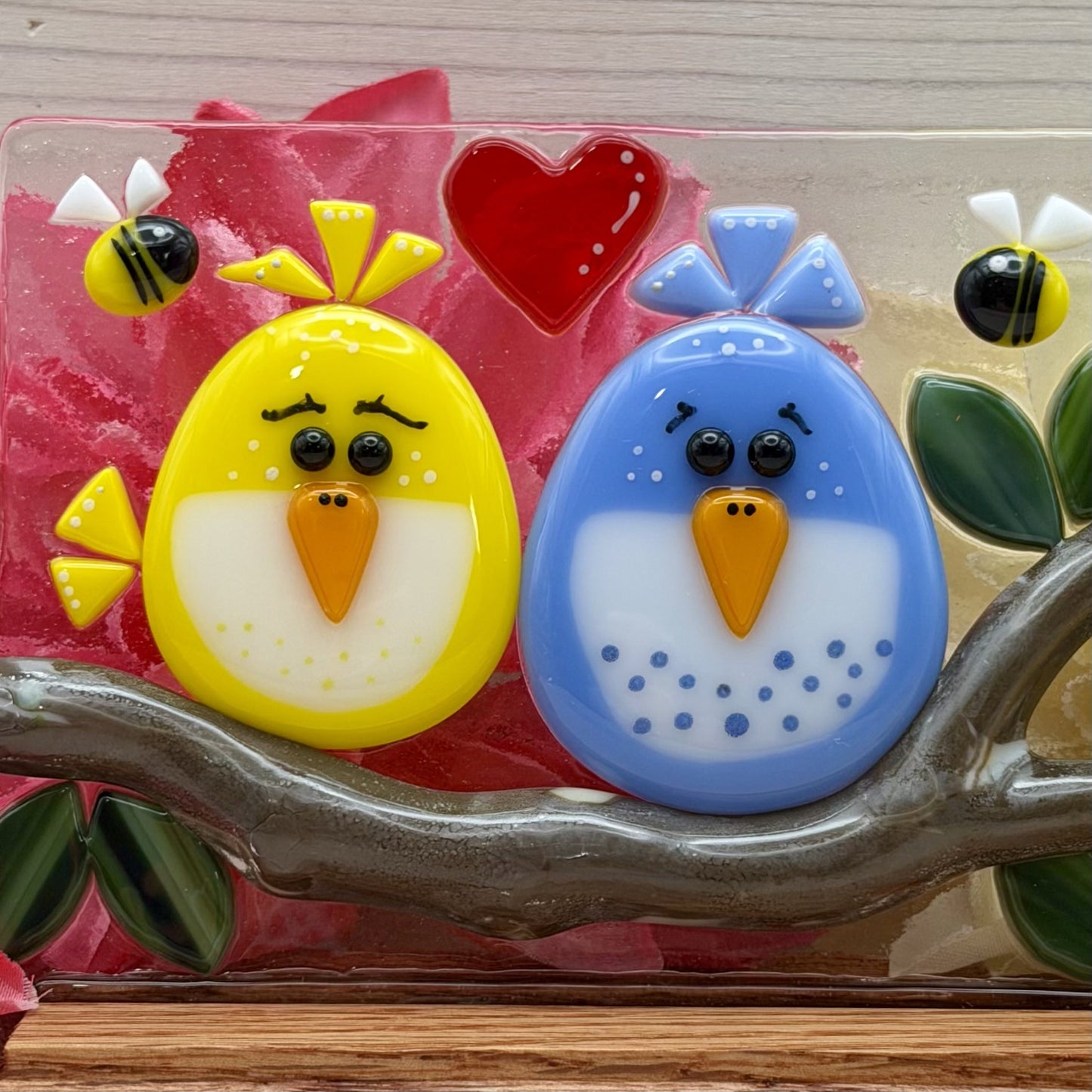 “The Birds and the Bees” Fused Glass Panel with Oak Wood Display Stand