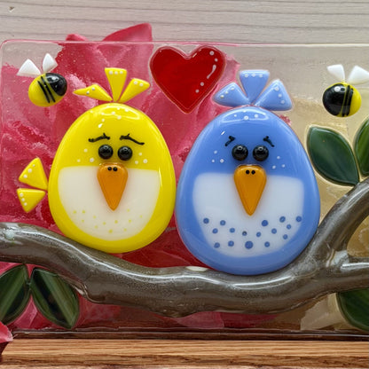 “The Birds and the Bees” Fused Glass Panel with Oak Wood Display Stand
