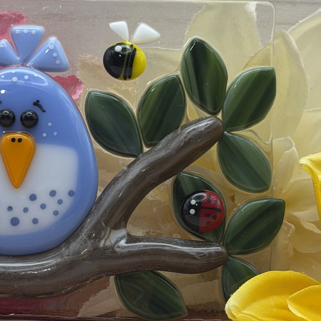 “The Birds and the Bees” Fused Glass Panel with Oak Wood Display Stand