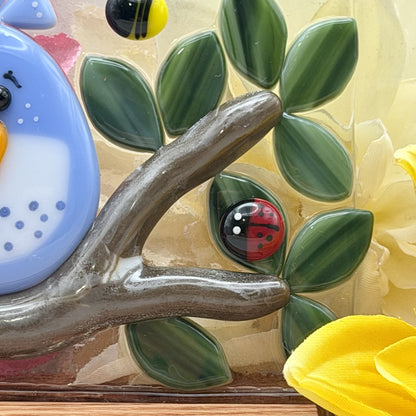 “The Birds and the Bees” Fused Glass Panel with Oak Wood Display Stand