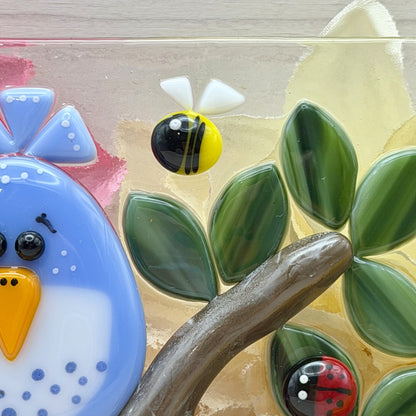 “The Birds and the Bees” Fused Glass Panel with Oak Wood Display Stand