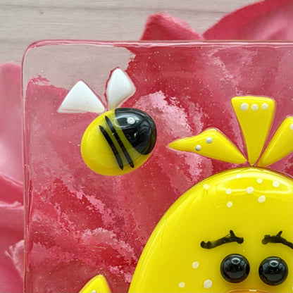 “The Birds and the Bees” Fused Glass Panel with Oak Wood Display Stand