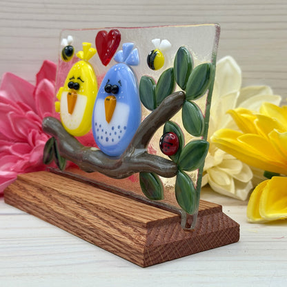 “The Birds and the Bees” Fused Glass Panel with Oak Wood Display Stand