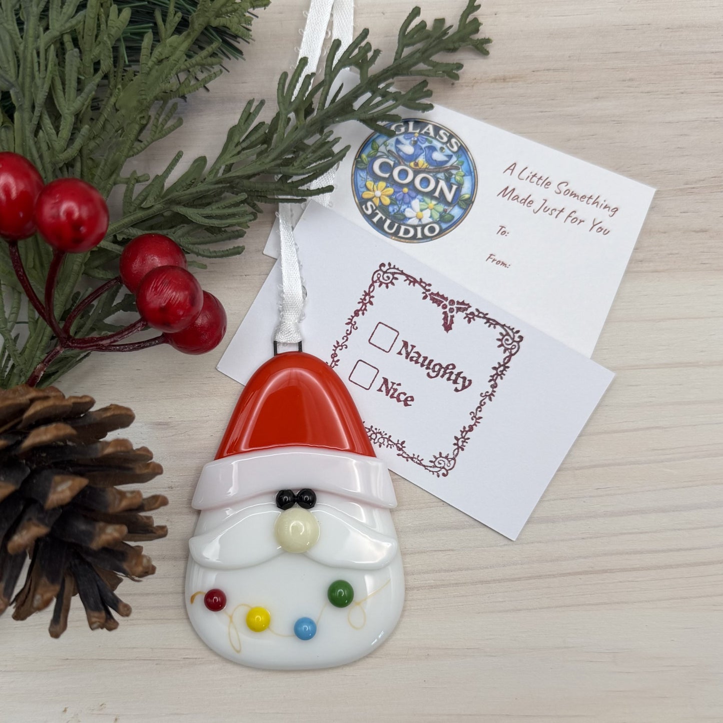 Handmade Fused Glass Santa Ornament with Christmas Lights – Christmas Tree Decoration