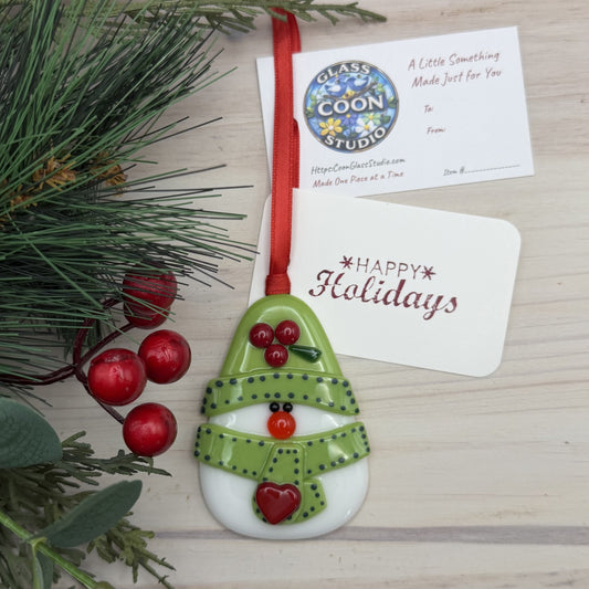 Fused Glass Snowman Ornament with Green Hat, Scarf & Red Heart