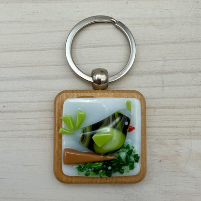 Fused Glass Bird Keychain – Handmade Beechwood Keychain with Whimsical Bird
