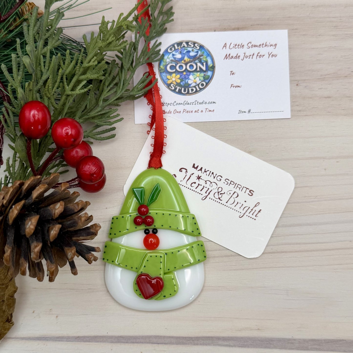 Fused Glass Snowman Ornament with Lime Green Hat and Scarf
