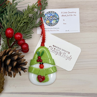 Fused Glass Snowman Ornament with Lime Green Hat and Scarf