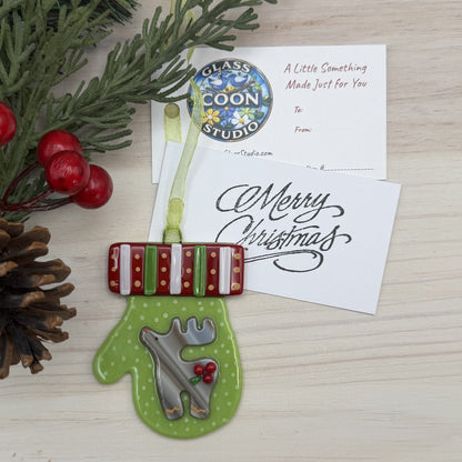 Fused Glass Reindeer Mitten Ornament – Lime Green Christmas Ornament with Holly Details