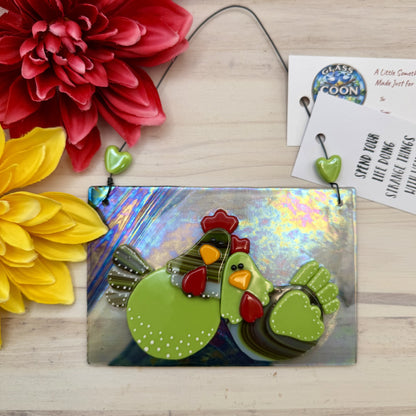 Whimsical Fused Glass Chicken Hanging Panel – Lime Green & Brown Chickens on Iridescent Glass