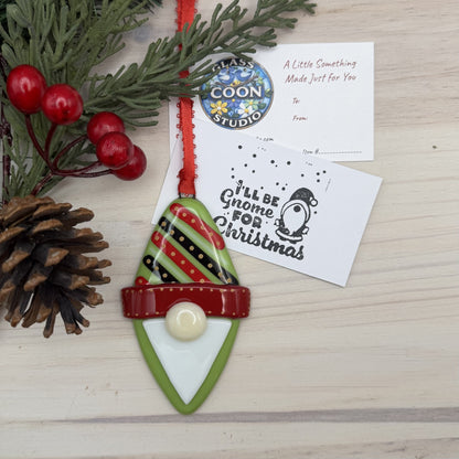 Handmade Fused Glass Christmas Gnome Ornament – Lime Green Hat with Red Stripes