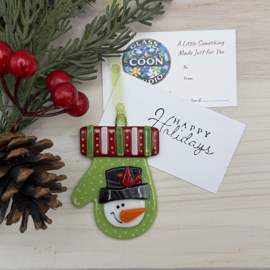 Handmade Fused Glass Snowman Mitten Ornament – Lime Green Christmas Mitten – Holiday Glass Ornament