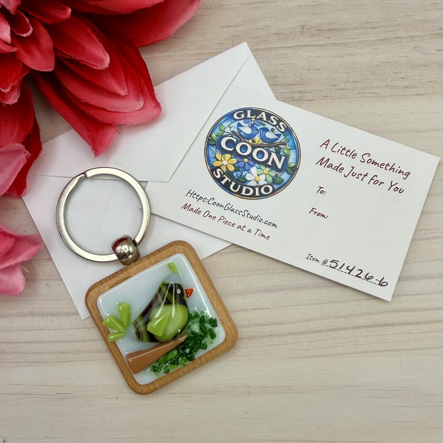 Fused Glass Bird Keychain – Handmade Beechwood Keychain with Whimsical Bird