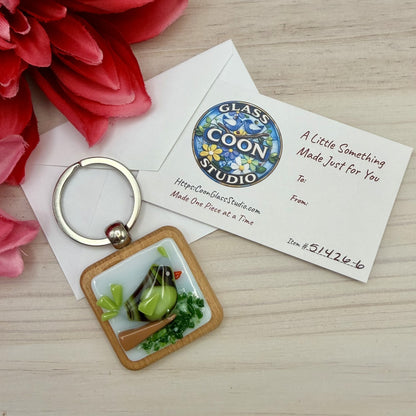 Fused Glass Bird Keychain – Handmade Beechwood Keychain with Whimsical Bird