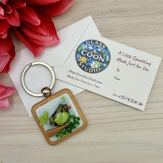 Fused Glass Bird Keychain – Handmade Beechwood Keychain with Whimsical Bird