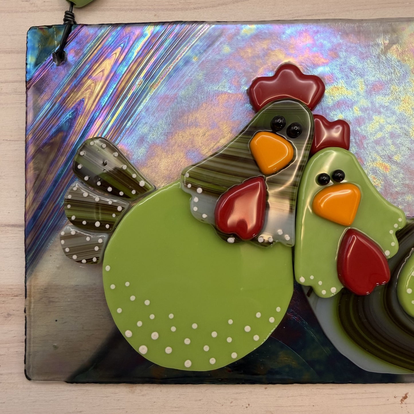 Whimsical Fused Glass Chicken Hanging Panel – Lime Green & Brown Chickens on Iridescent Glass