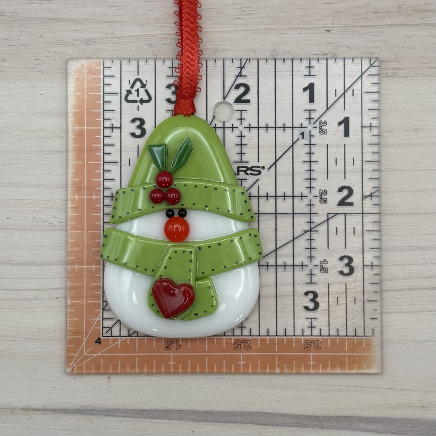Fused Glass Snowman Ornament with Lime Green Hat and Scarf