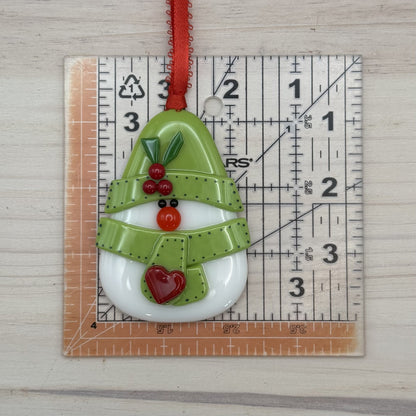 Fused Glass Snowman Ornament with Lime Green Hat and Scarf
