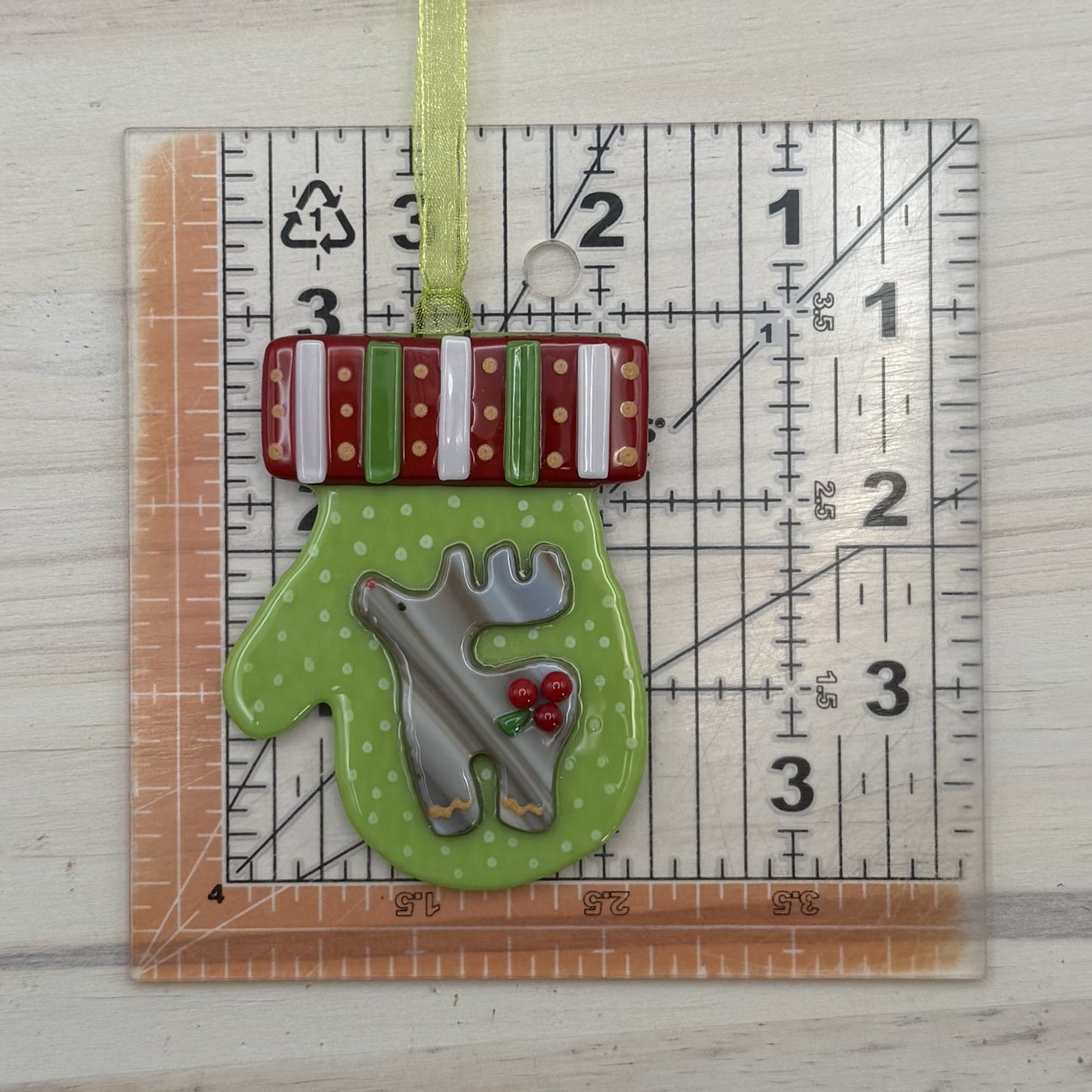 Fused Glass Reindeer Mitten Ornament – Lime Green Christmas Ornament with Holly Details