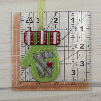 Fused Glass Reindeer Mitten Ornament – Lime Green Christmas Ornament with Holly Details