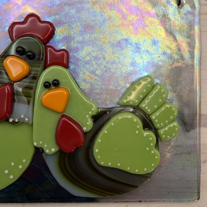 Whimsical Fused Glass Chicken Hanging Panel – Lime Green & Brown Chickens on Iridescent Glass